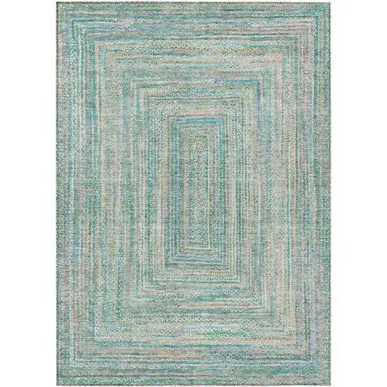 Teal Blue Beige And Ivory Geometric Washable Indoor Outdoor Area Rug Photo 1