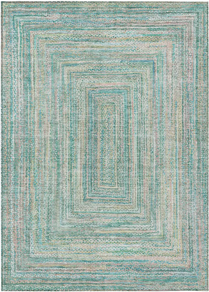 Teal Blue Beige And Ivory Geometric Washable Indoor Outdoor Area Rug Photo 1