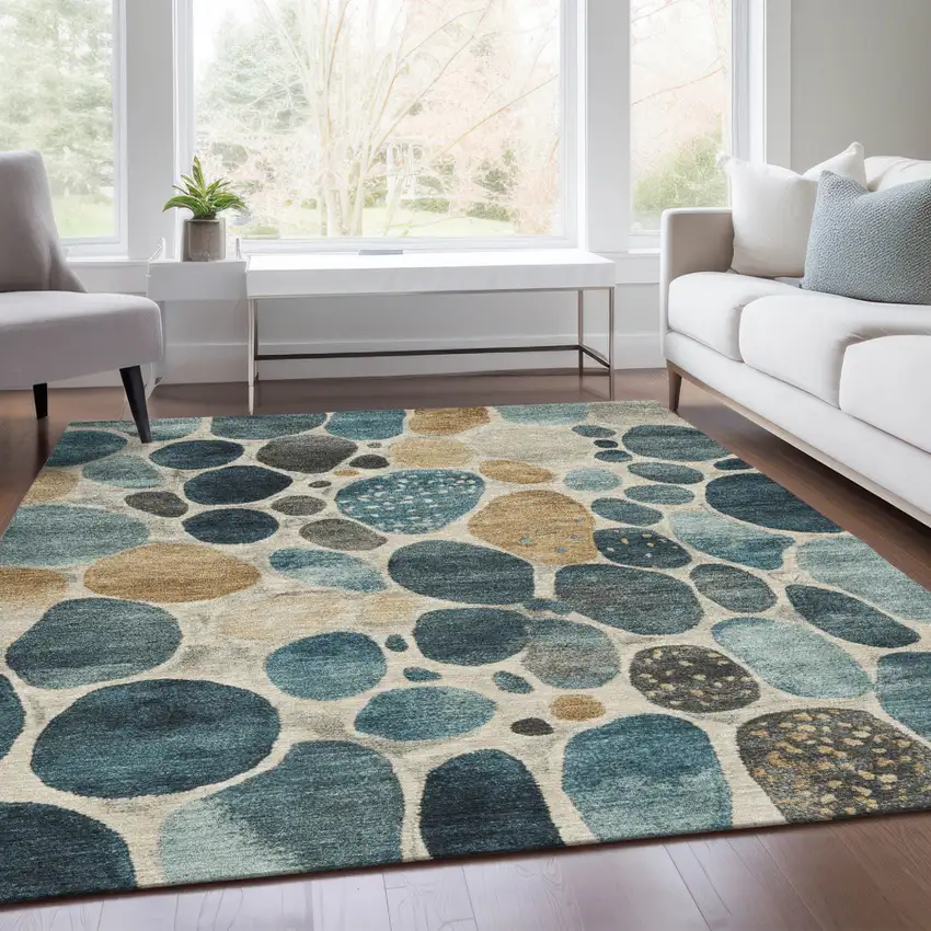 Teal Blue Beige And Ivory Geometric Washable Indoor Outdoor Area Rug Photo 6