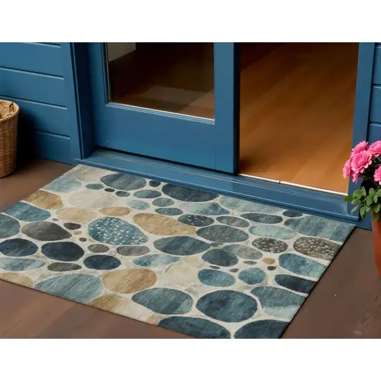 Teal Blue Beige And Ivory Geometric Washable Indoor Outdoor Area Rug Photo 2