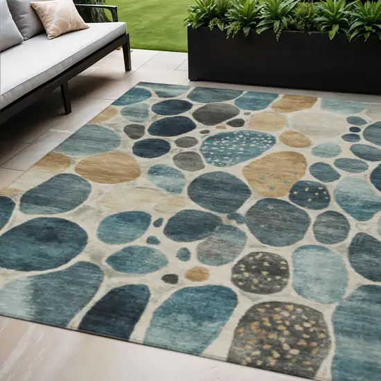 Teal Blue Beige And Ivory Geometric Washable Indoor Outdoor Area Rug Photo 2