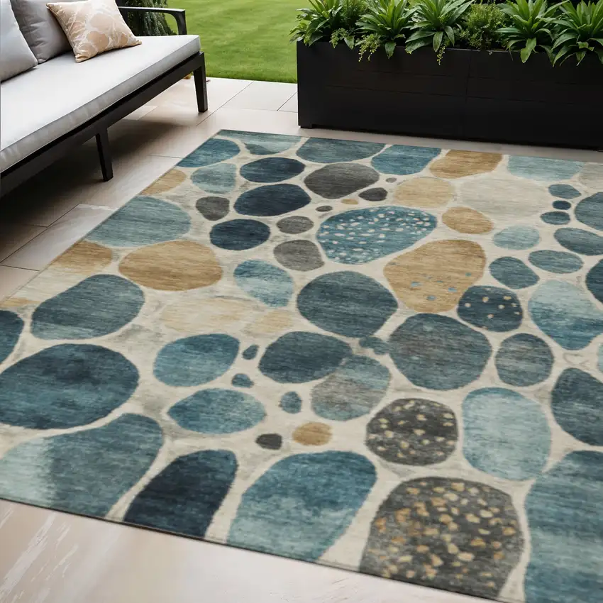 Teal Blue Beige And Ivory Geometric Washable Indoor Outdoor Area Rug Photo 2