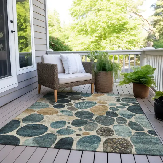 Teal Blue Beige And Ivory Geometric Washable Indoor Outdoor Area Rug Photo 7