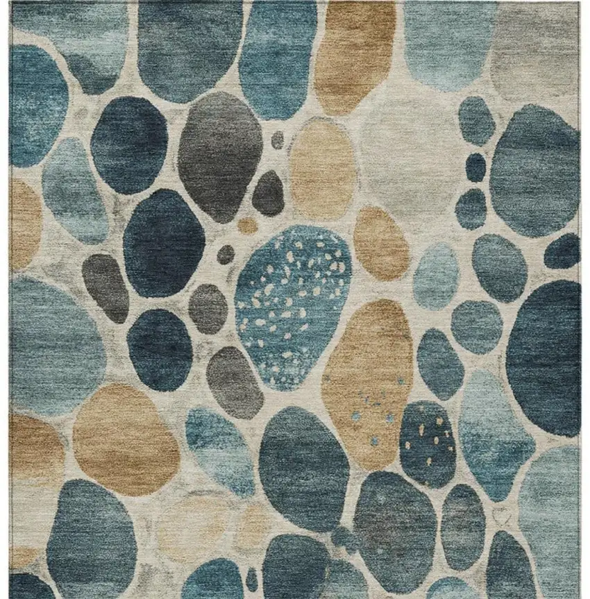 Teal Blue Beige And Ivory Geometric Washable Indoor Outdoor Area Rug Photo 1