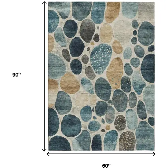 Teal Blue Beige And Ivory Geometric Washable Indoor Outdoor Area Rug Photo 9
