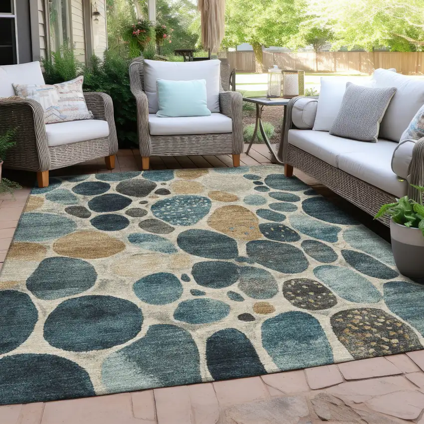 Teal Blue Beige And Ivory Geometric Washable Indoor Outdoor Area Rug Photo 4