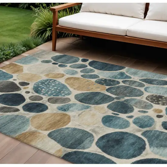 Teal Blue Beige And Ivory Geometric Washable Indoor Outdoor Area Rug Photo 2