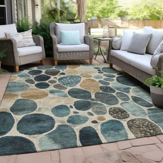 Teal Blue Beige And Ivory Geometric Washable Indoor Outdoor Area Rug Photo 4