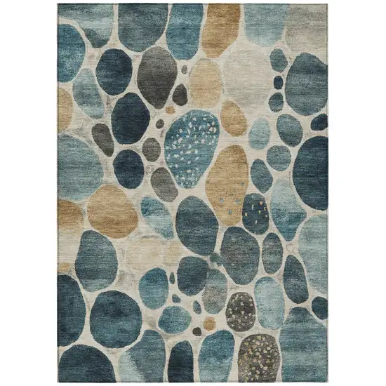 Teal Blue Beige And Ivory Geometric Washable Indoor Outdoor Area Rug Photo 8