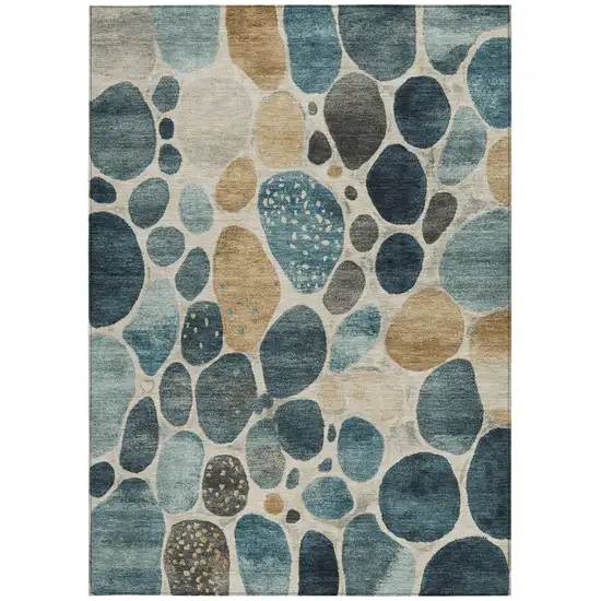 Teal Blue Beige And Ivory Geometric Washable Indoor Outdoor Area Rug Photo 9