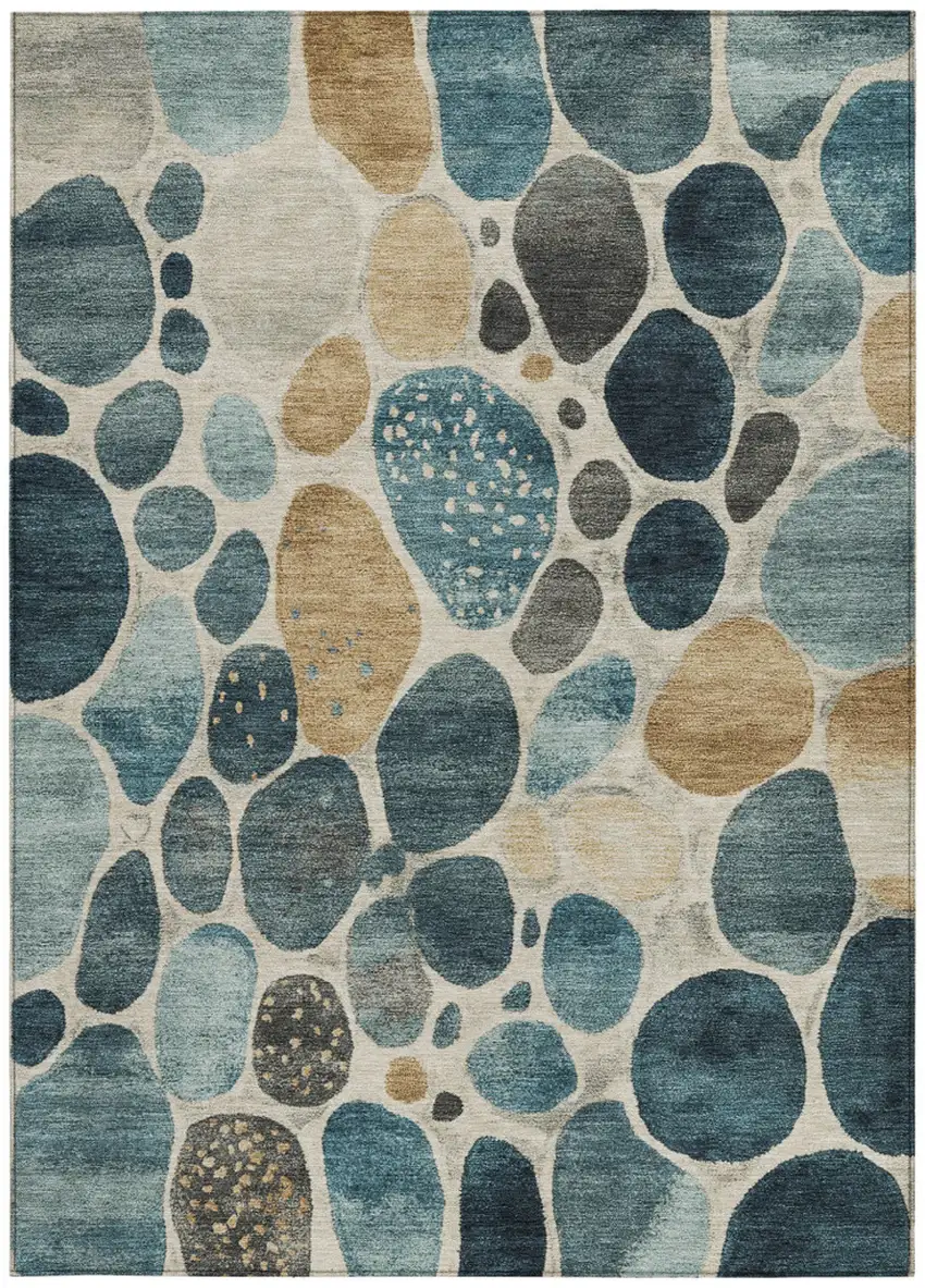 Teal Blue Beige And Ivory Geometric Washable Indoor Outdoor Area Rug Photo 9