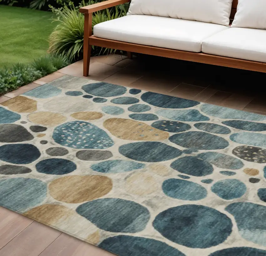 Teal Blue Beige And Ivory Geometric Washable Indoor Outdoor Area Rug Photo 2