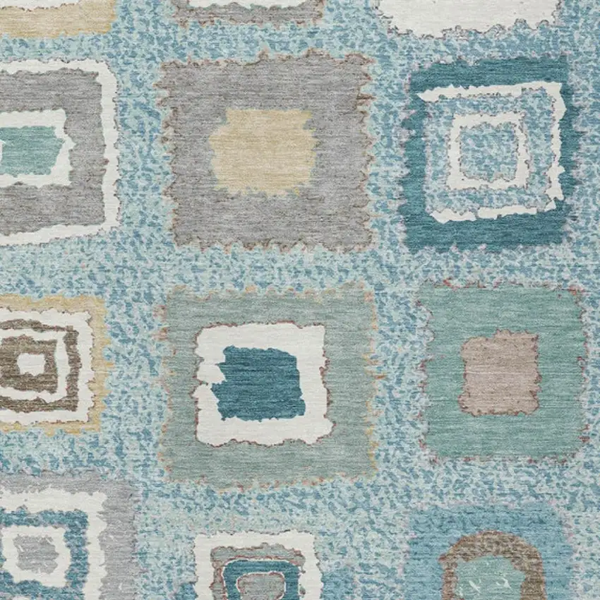 Teal Blue Beige And Ivory Geometric Washable Indoor Outdoor Area Rug Photo 3
