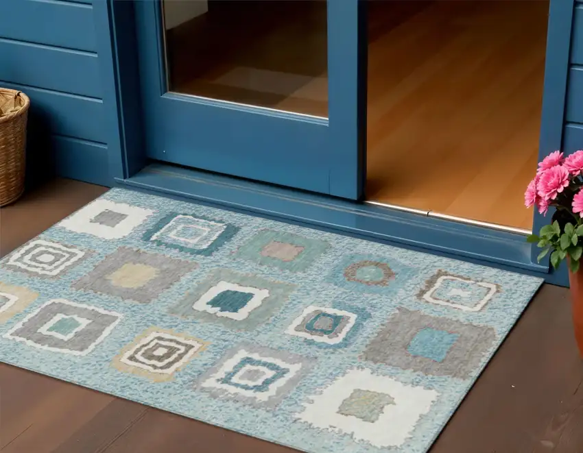 Teal Blue Beige And Ivory Geometric Washable Indoor Outdoor Area Rug Photo 2