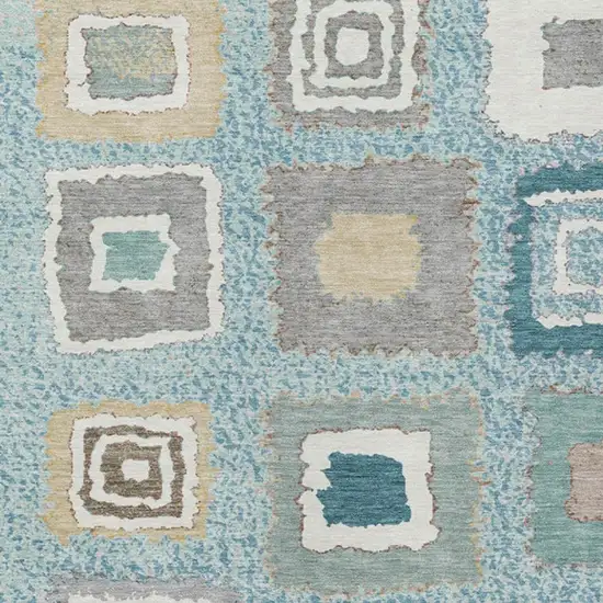 Teal Blue Beige And Ivory Geometric Washable Indoor Outdoor Area Rug Photo 4