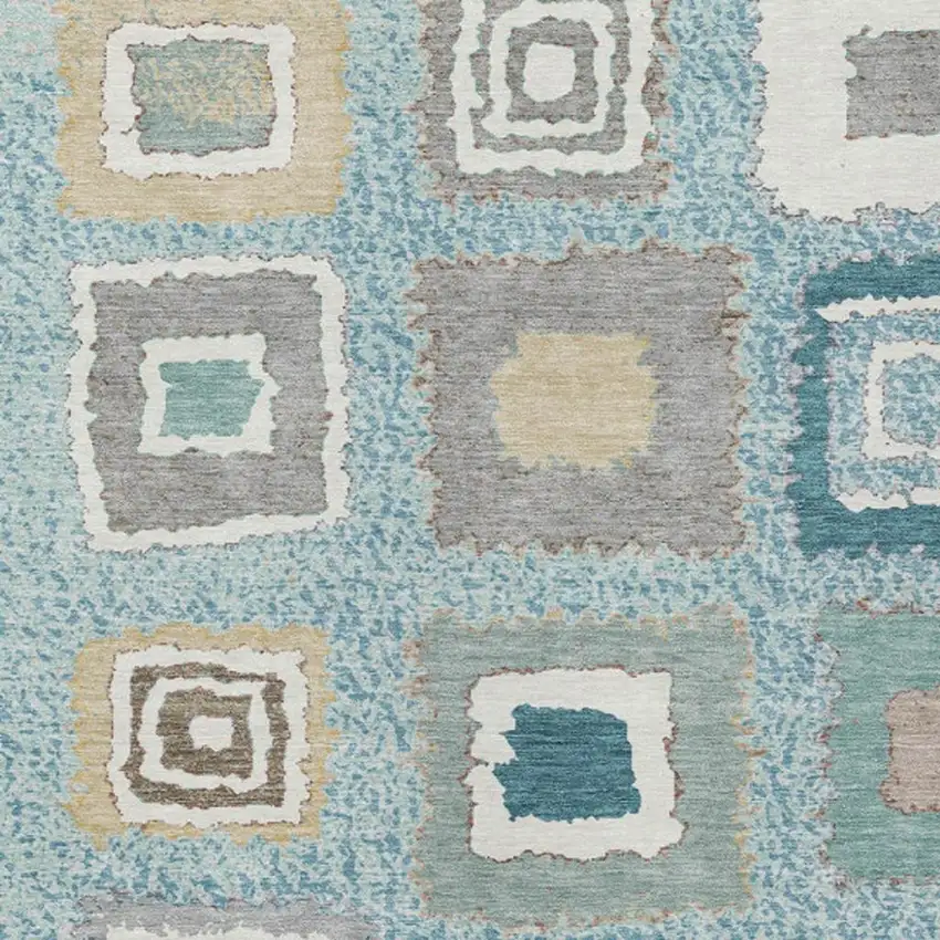Teal Blue Beige And Ivory Geometric Washable Indoor Outdoor Area Rug Photo 4