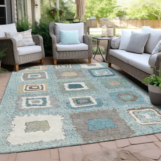 Teal Blue Beige And Ivory Geometric Washable Indoor Outdoor Area Rug Photo 5