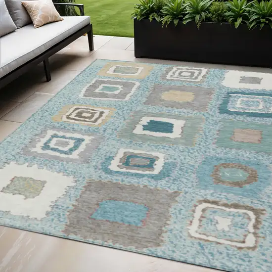 Teal Blue Beige And Ivory Geometric Washable Indoor Outdoor Area Rug Photo 2