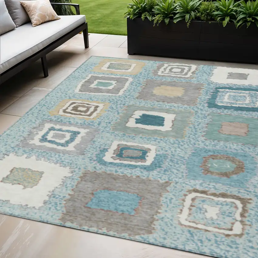 Teal Blue Beige And Ivory Geometric Washable Indoor Outdoor Area Rug Photo 2