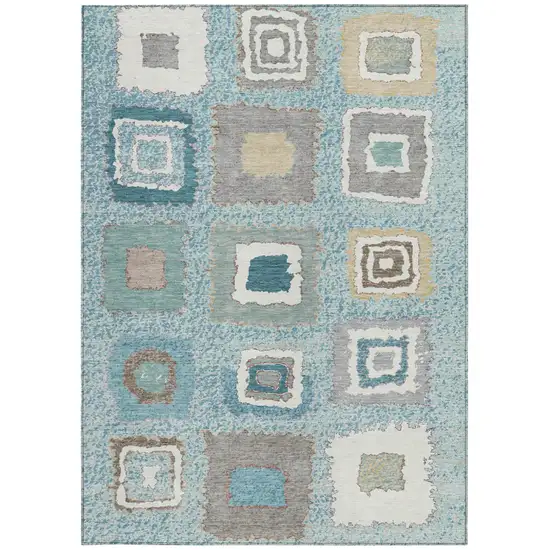 Teal Blue Beige And Ivory Geometric Washable Indoor Outdoor Area Rug Photo 3