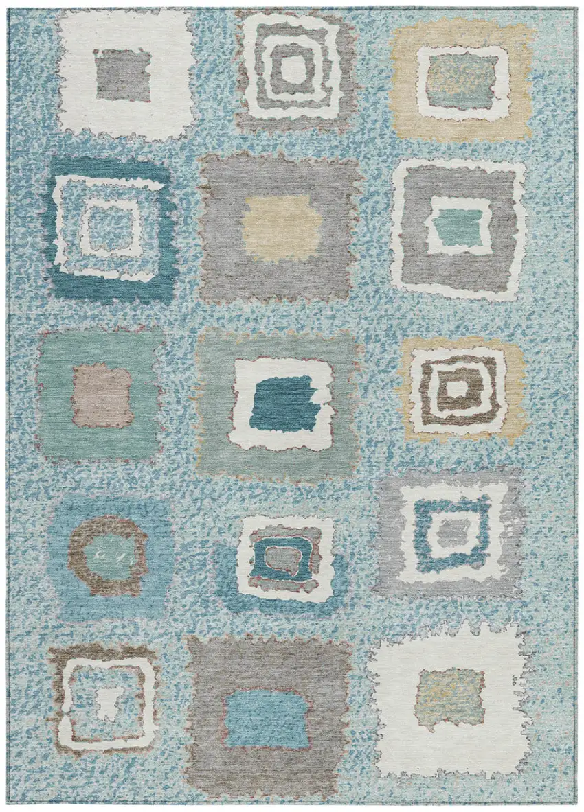 Teal Blue Beige And Ivory Geometric Washable Indoor Outdoor Area Rug Photo 3