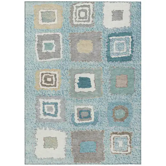 Teal Blue Beige And Ivory Geometric Washable Indoor Outdoor Area Rug Photo 1