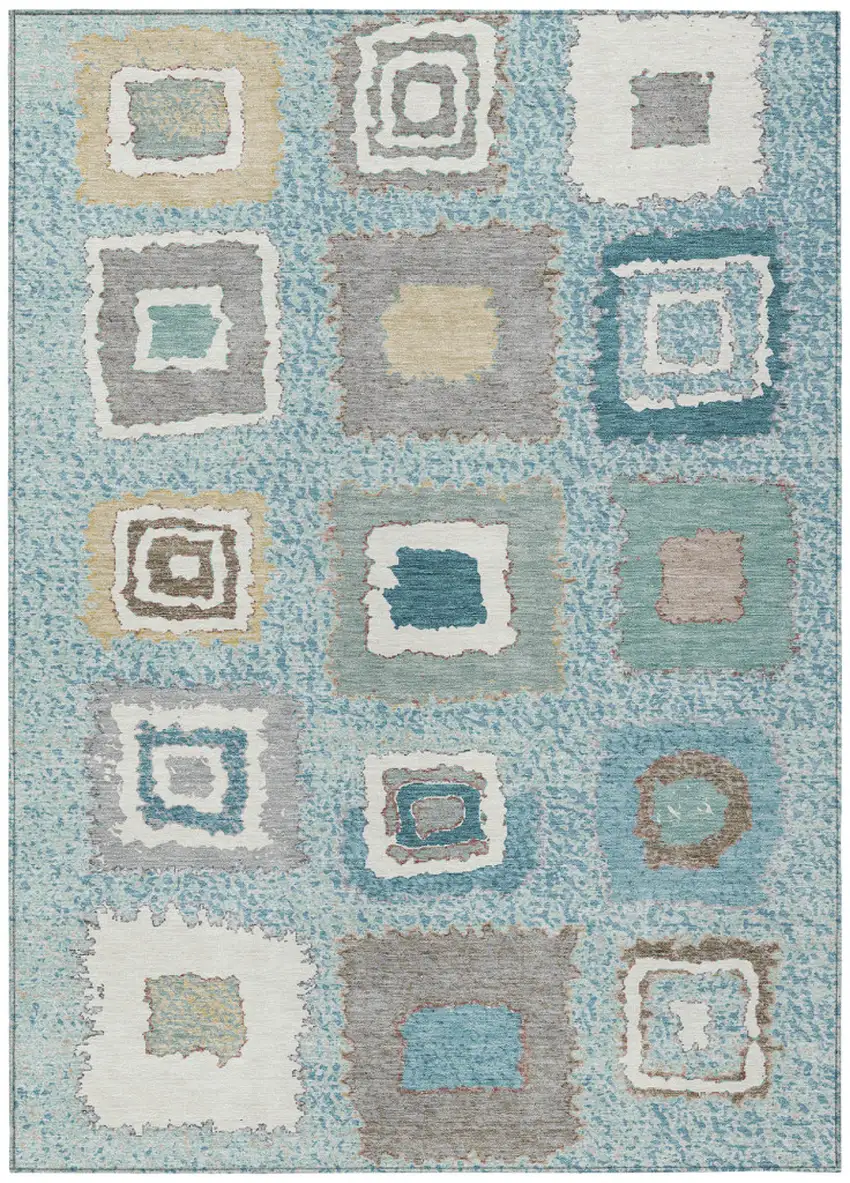 Teal Blue Beige And Ivory Geometric Washable Indoor Outdoor Area Rug Photo 1