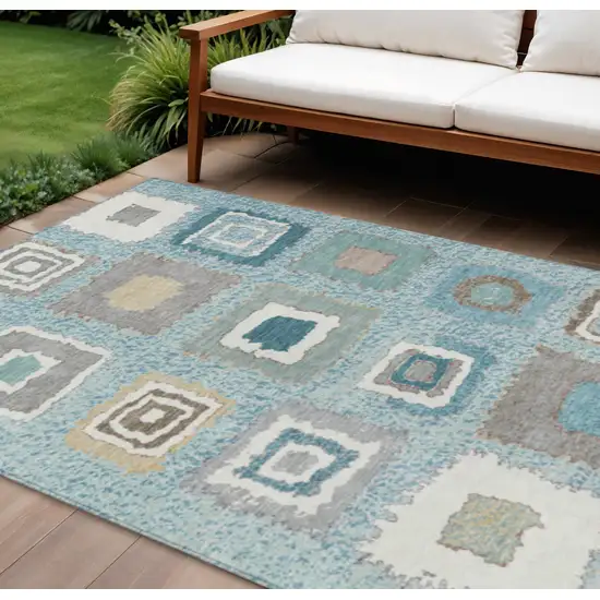 Teal Blue Beige And Ivory Geometric Washable Indoor Outdoor Area Rug Photo 2