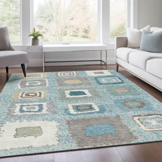 Teal Blue Beige And Ivory Geometric Washable Indoor Outdoor Area Rug Photo 7