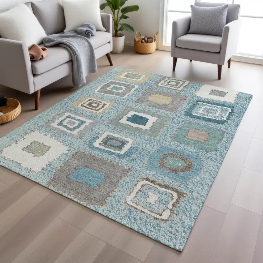 Teal Blue Beige And Ivory Geometric Washable Indoor Outdoor Area Rug Photo 6