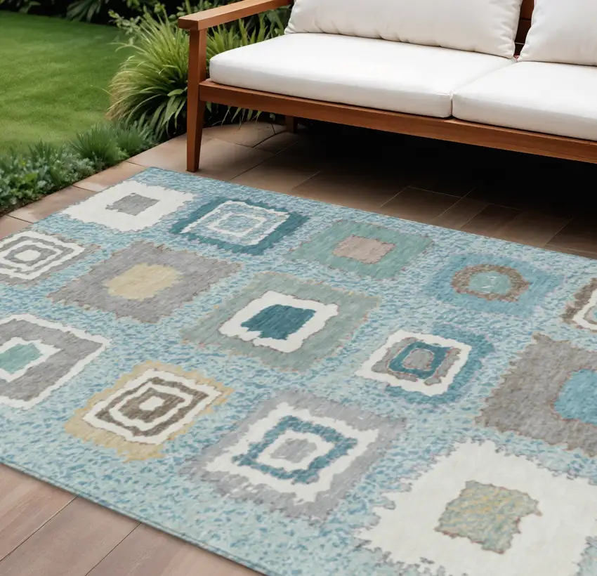 Teal Blue Beige And Ivory Geometric Washable Indoor Outdoor Area Rug Photo 2