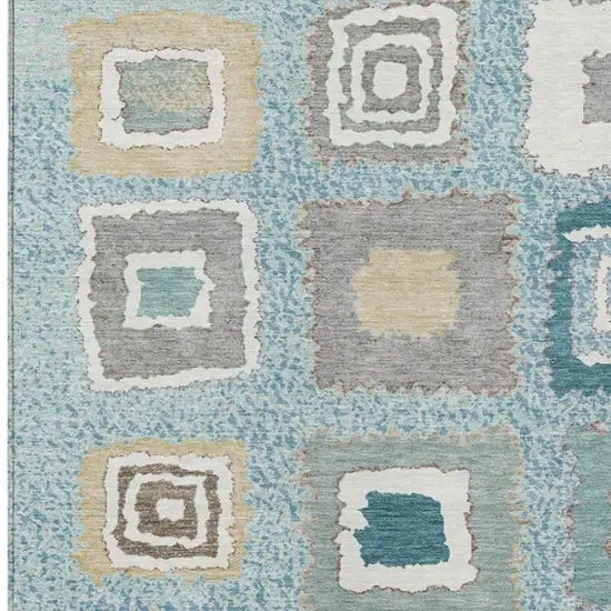 Teal Blue Beige And Ivory Geometric Washable Indoor Outdoor Area Rug Photo 3