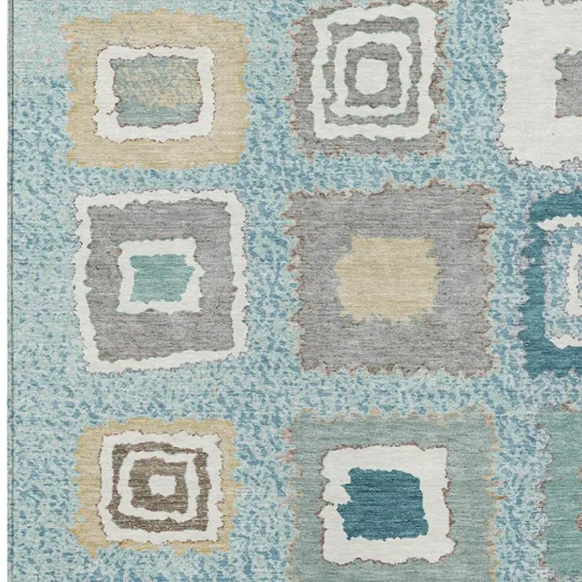 Teal Blue Beige And Ivory Geometric Washable Indoor Outdoor Area Rug Photo 3