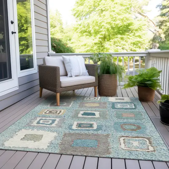 Teal Blue Beige And Ivory Geometric Washable Indoor Outdoor Area Rug Photo 8