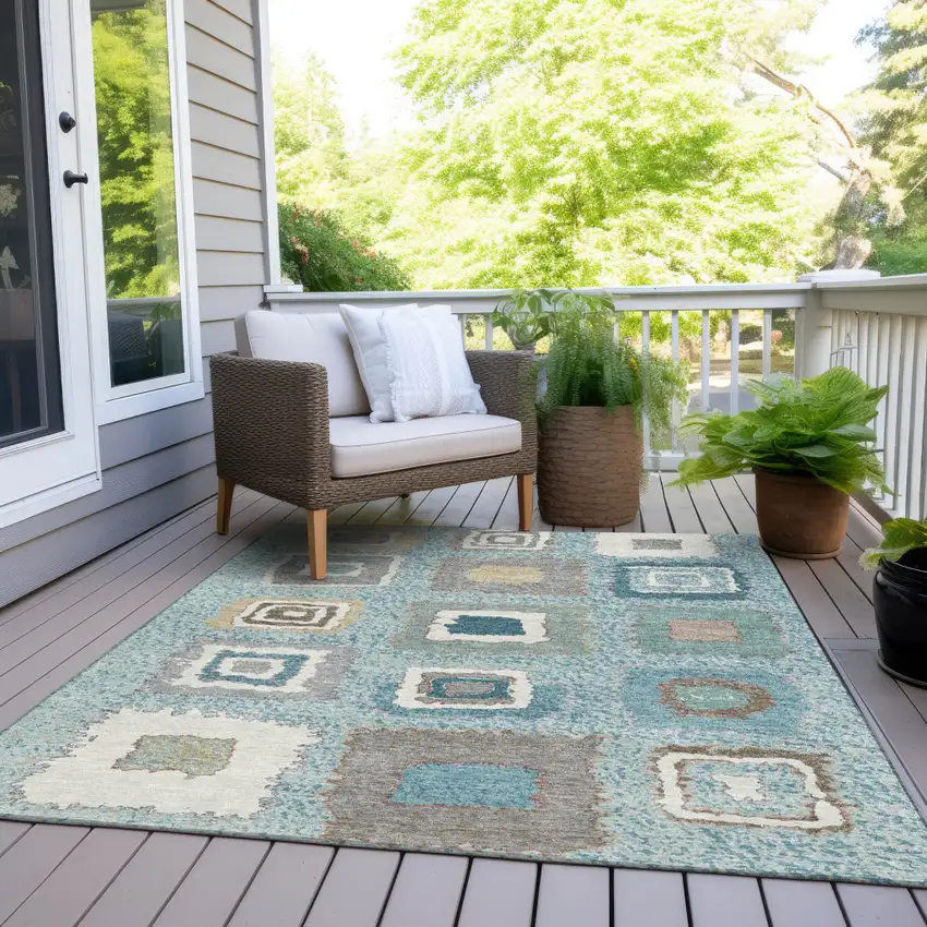 Teal Blue Beige And Ivory Geometric Washable Indoor Outdoor Area Rug Photo 8
