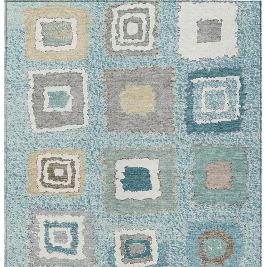 Teal Blue Beige And Ivory Geometric Washable Indoor Outdoor Area Rug Photo 4