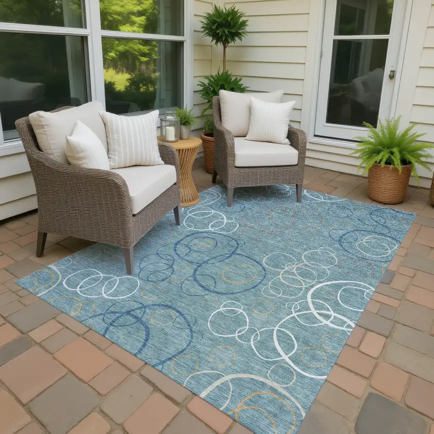 Teal Blue Beige And Ivory Geometric Washable Indoor Outdoor Area Rug Photo 4