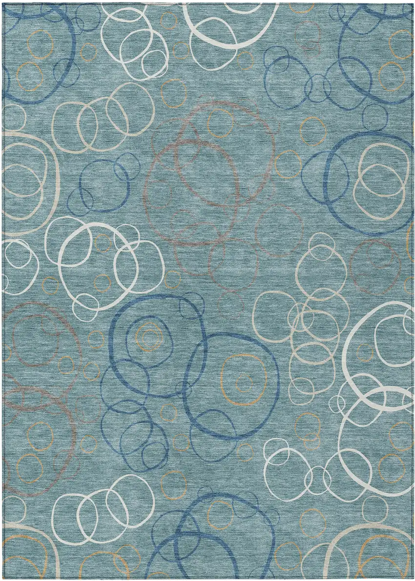 Teal Blue Beige And Ivory Geometric Washable Indoor Outdoor Area Rug Photo 1