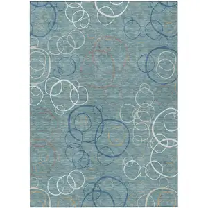 Photo of Teal Blue Beige And Ivory Geometric Washable Indoor Outdoor Area Rug