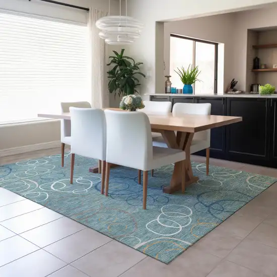 Teal Blue Beige And Ivory Geometric Washable Indoor Outdoor Area Rug Photo 6