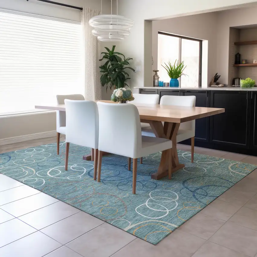 Teal Blue Beige And Ivory Geometric Washable Indoor Outdoor Area Rug Photo 6