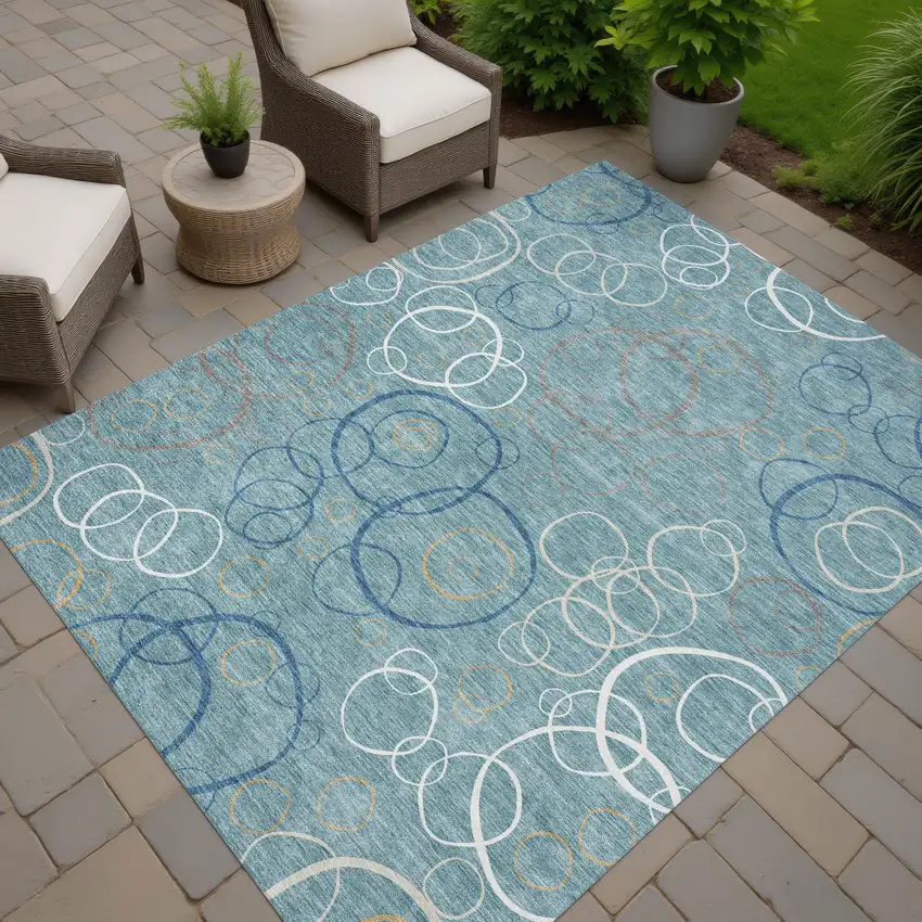 Teal Blue Beige And Ivory Geometric Washable Indoor Outdoor Area Rug Photo 7