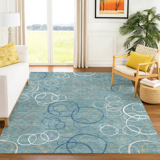 Teal Blue Beige And Ivory Geometric Washable Indoor Outdoor Area Rug Photo 5