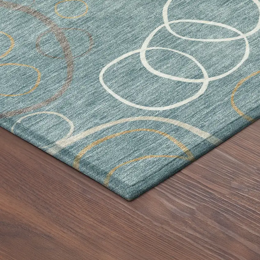 Teal Blue Beige And Ivory Geometric Washable Indoor Outdoor Area Rug Photo 5