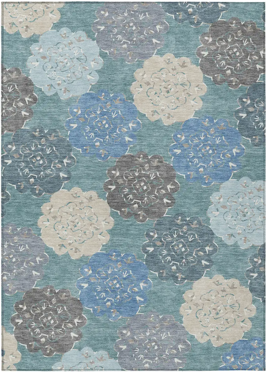 Teal Blue Beige And Ivory Quatrefoil Washable Indoor Outdoor Area Rug Photo 2
