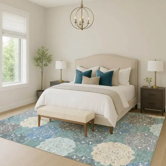 Teal Blue Beige And Ivory Quatrefoil Washable Indoor Outdoor Area Rug Photo 9