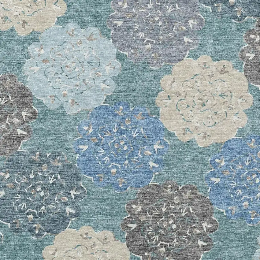 Teal Blue Beige And Ivory Quatrefoil Washable Indoor Outdoor Area Rug Photo 8