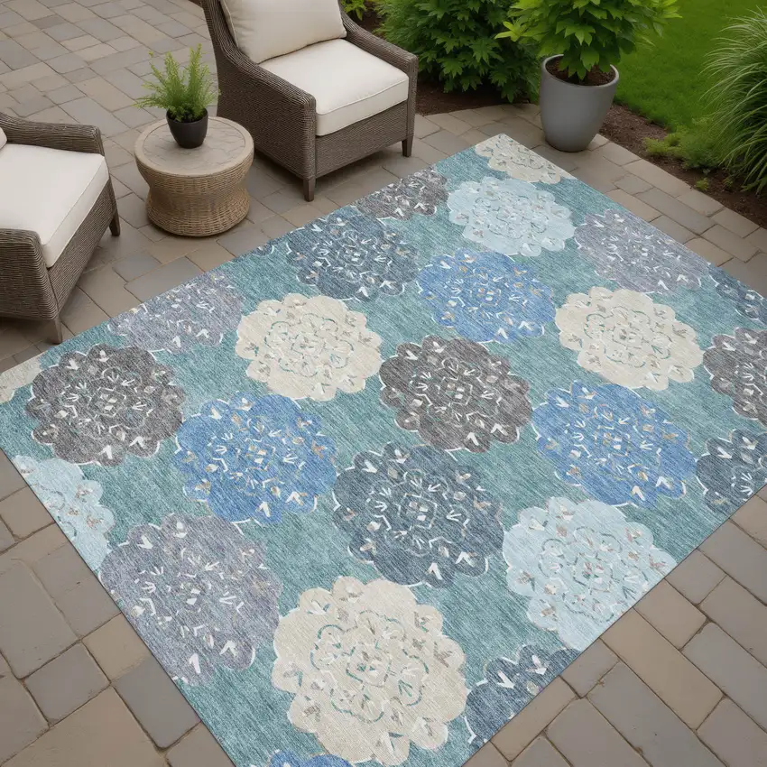 Teal Blue Beige And Ivory Quatrefoil Washable Indoor Outdoor Area Rug Photo 9