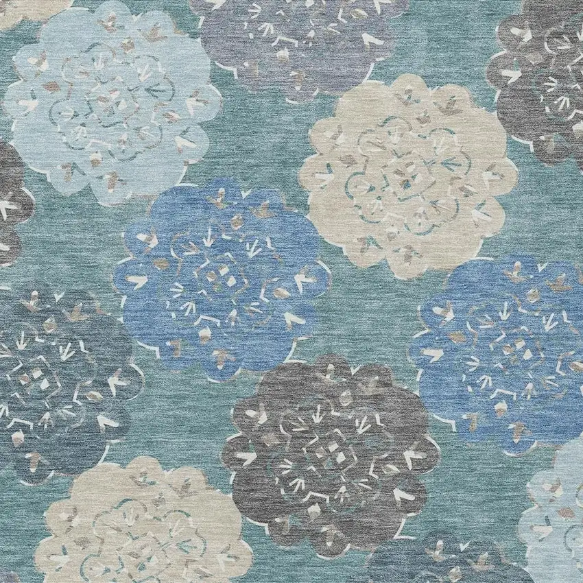 Teal Blue Beige And Ivory Quatrefoil Washable Indoor Outdoor Area Rug Photo 8