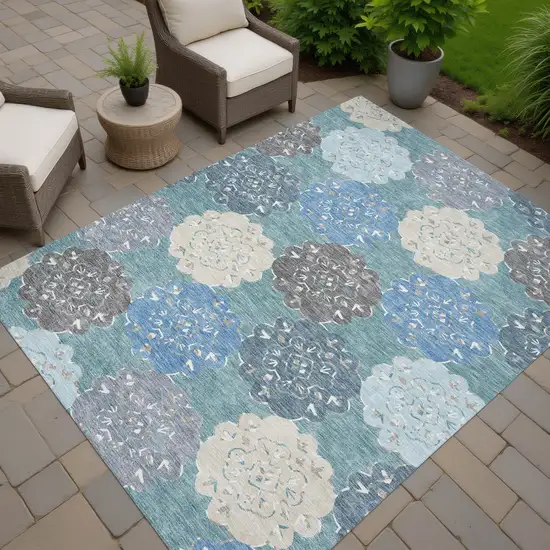 Teal Blue Beige And Ivory Quatrefoil Washable Indoor Outdoor Area Rug Photo 9